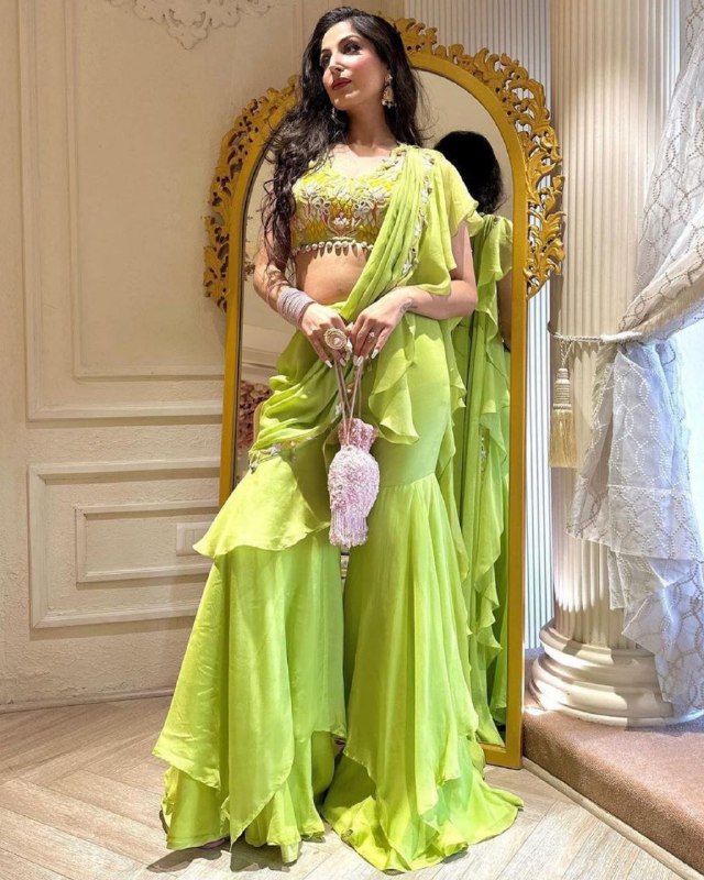 Designer Parrot Green Pure Georgette Embroidery Work Plazzo Saree With Blouse