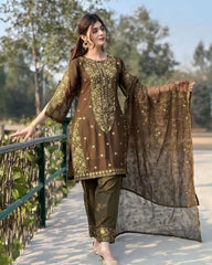 Ready To Wear Brown Pure Georgette Embroidery Work Pakistani Suit With Dupatta