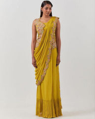 Designer Mustard Yellow Georgette Embroidery Work Saree With Blouse Jacket