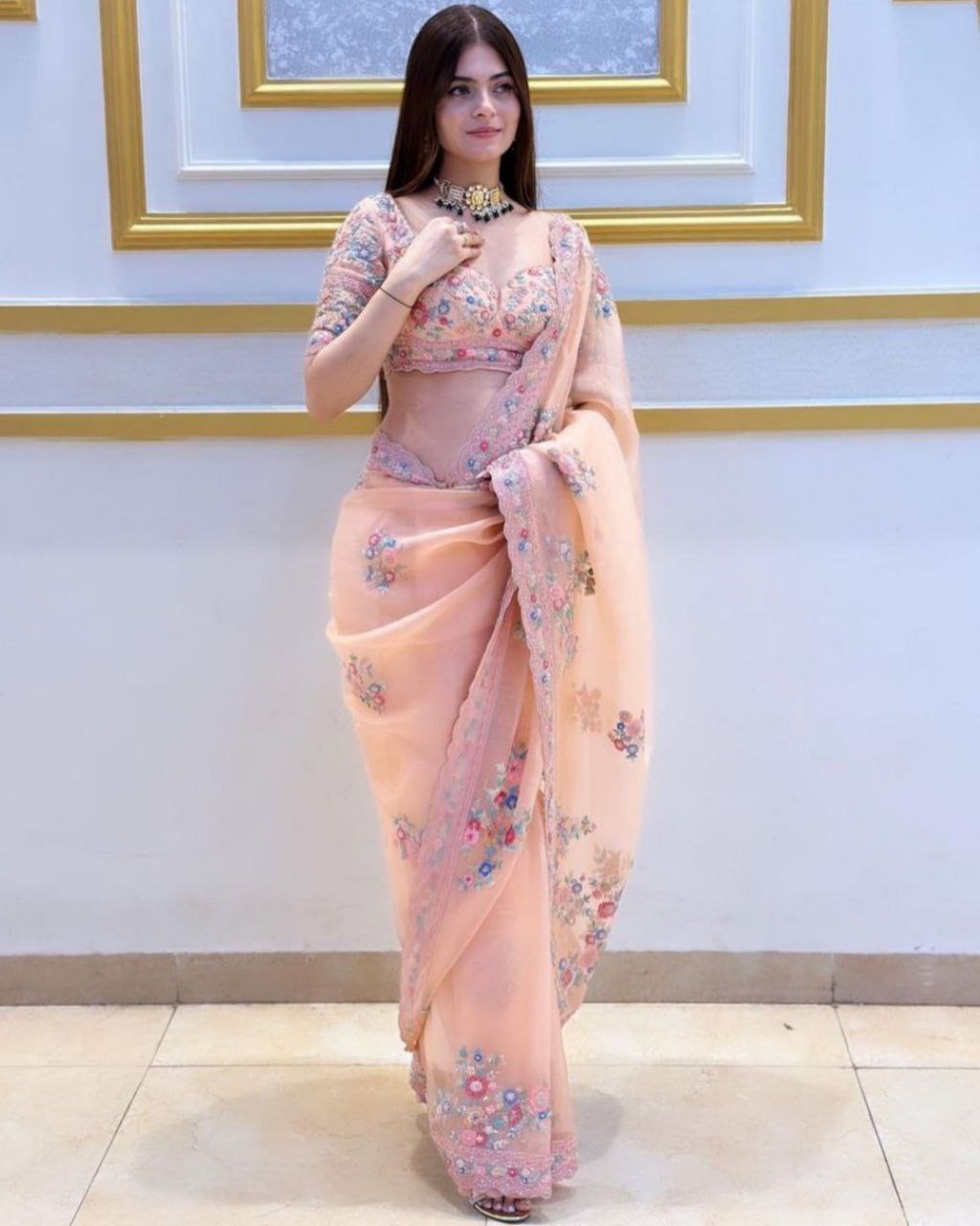 Desinger Peach Organza Silk Embroidery Work Saree With Blouse