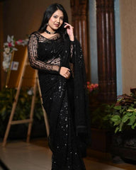 Designer Black Heavy Mono Net sequence Work Saree With Blouse