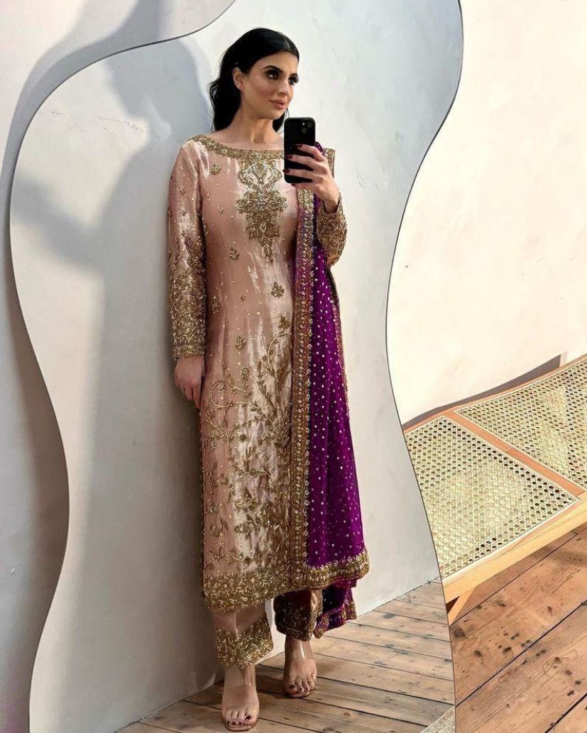 Designer Copper Jimmy Choo Embroidery Work Pakistani Suit With Dupatta