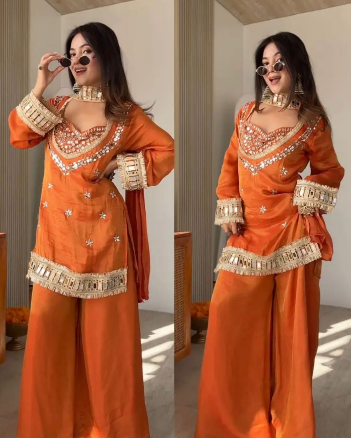 Exclusive White AND Orange Fendy Silk Embroidery Palazo Kurti With Dupatta