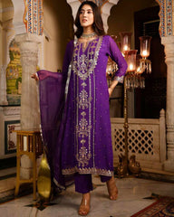 Ready To Wear Purple Faux Georgette Embroidery Work Pant Suit With Dupatta