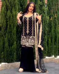 Ready To Wear Black Heavy Georgette Embroidery Work Pakistani Gharara Suit With Dupatta