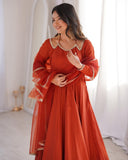 Ready To Wear Orange Chanderi Roman Silk Embroidery Anarkali Suit With Dupatta