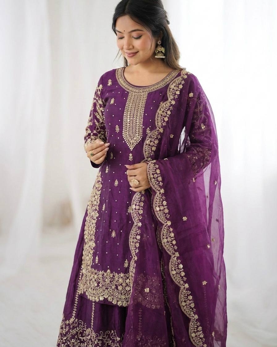 Exclusive Purple Green Simmer Silk Embroidery Palazo Kurti With Dupatta