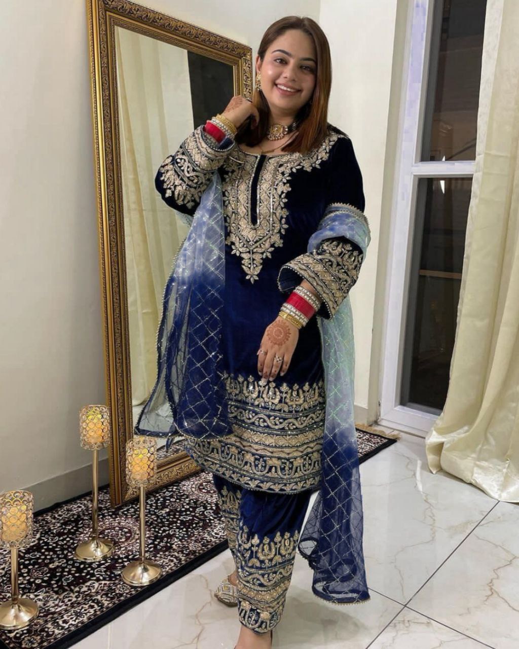 Ready To Wear Blue Micro Velvet Embroidery Work Pakistani Pant Suit With Dupatta