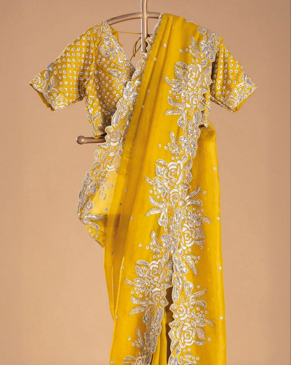 Designer Yellow Organza Silk Embroidery Work Saree With Blouse