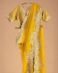 Designer Yellow Organza Silk Embroidery Work Saree With Blouse