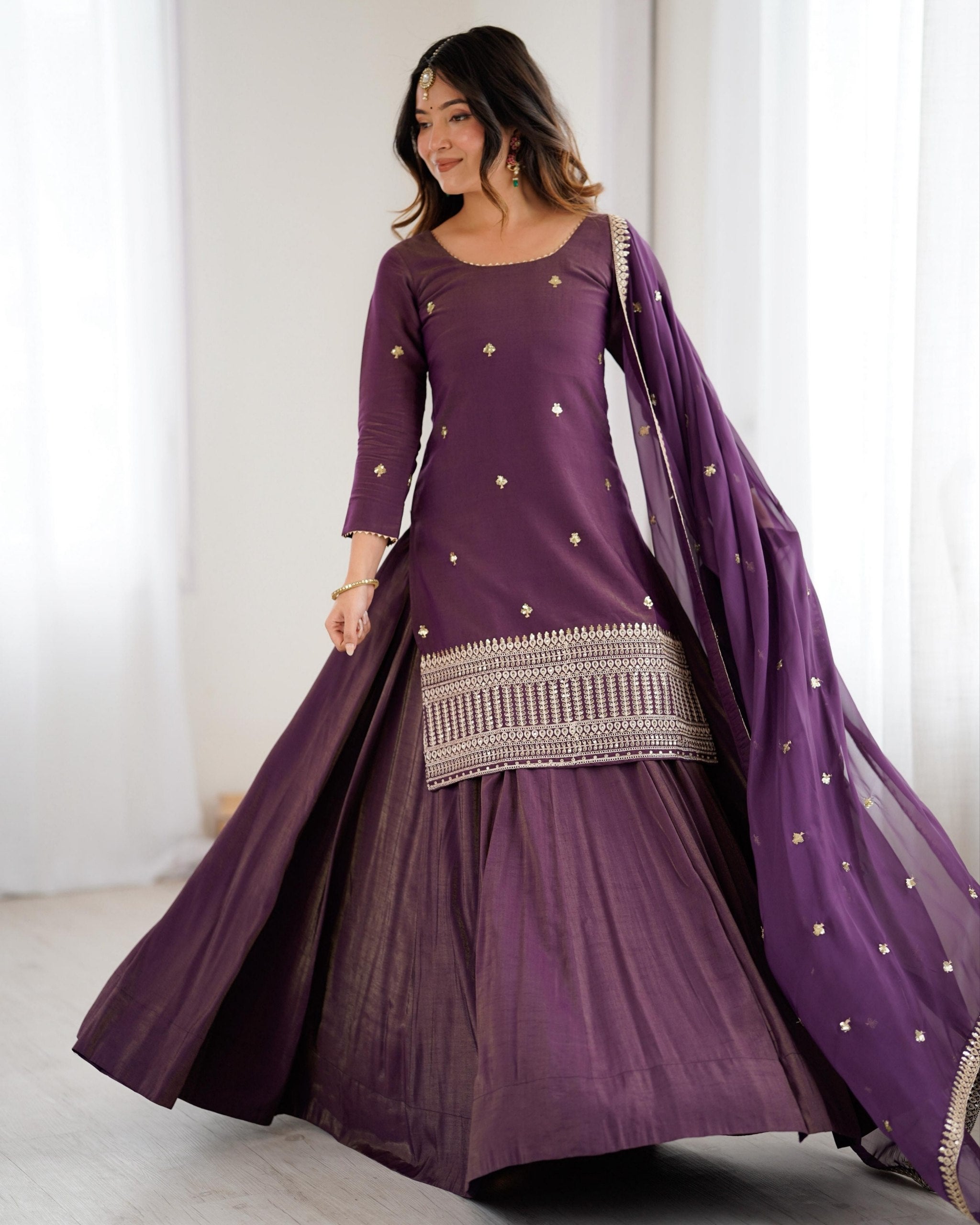 Ready To Wear Purple Pure Roman Shimmer Chanderi Silk Lehenga Kurti With Dupatta