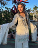 Ready To Wear White Rose Gold Real Mirror Work Kurti Palazo With Dupatta