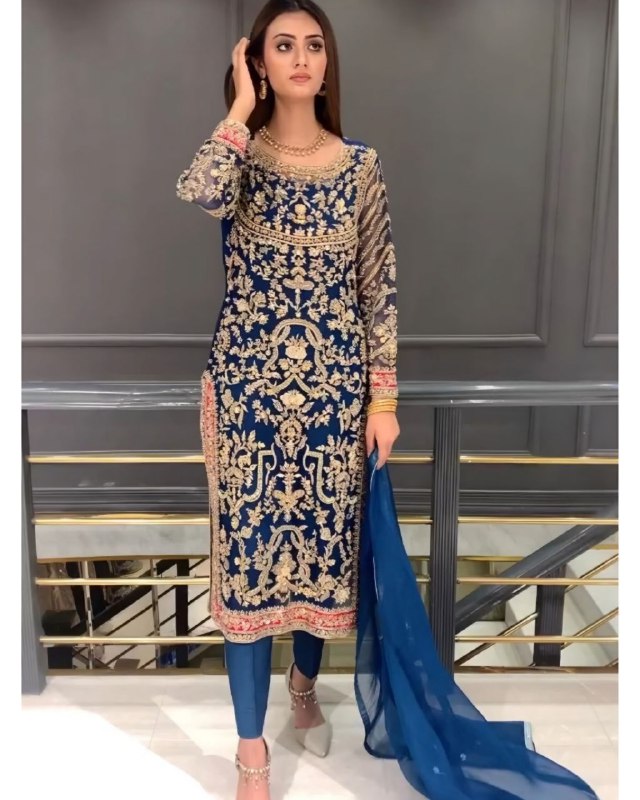 Ready To Wear Blue Pure Georgette Embroidery Work Pant Suit With Dupatta