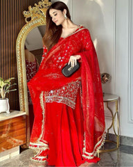 Ready To Wear Red Faux Georgette Sequence Work Sharara Suit With Dupatta