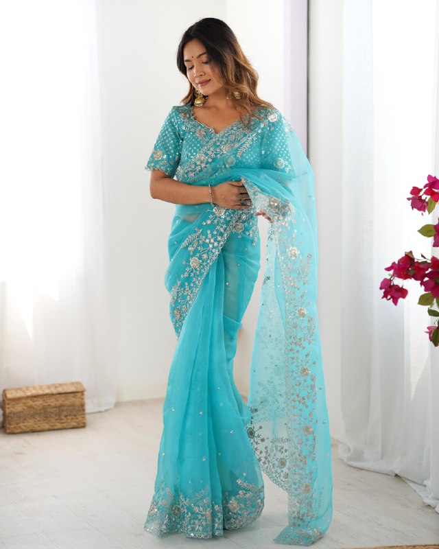Exclusive Teal Blue Organza Silk Embroidery Saree With Blouse And Dupatta