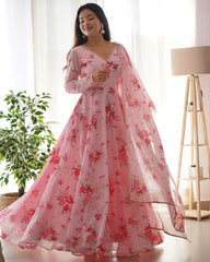 Ready To Wear Baby Pink Soft Georgette Floral Print Work Anarkali Suit With Dupatta