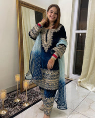 Ready To Wear Sky-Blue Micro Velvet Embroidery Work Pakistani Pant Suit With Dupatta