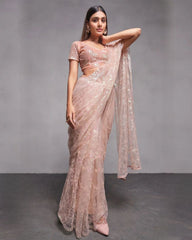 Designer Nude Peach Heavy Mono Net Sequence Work Saree With Blouse