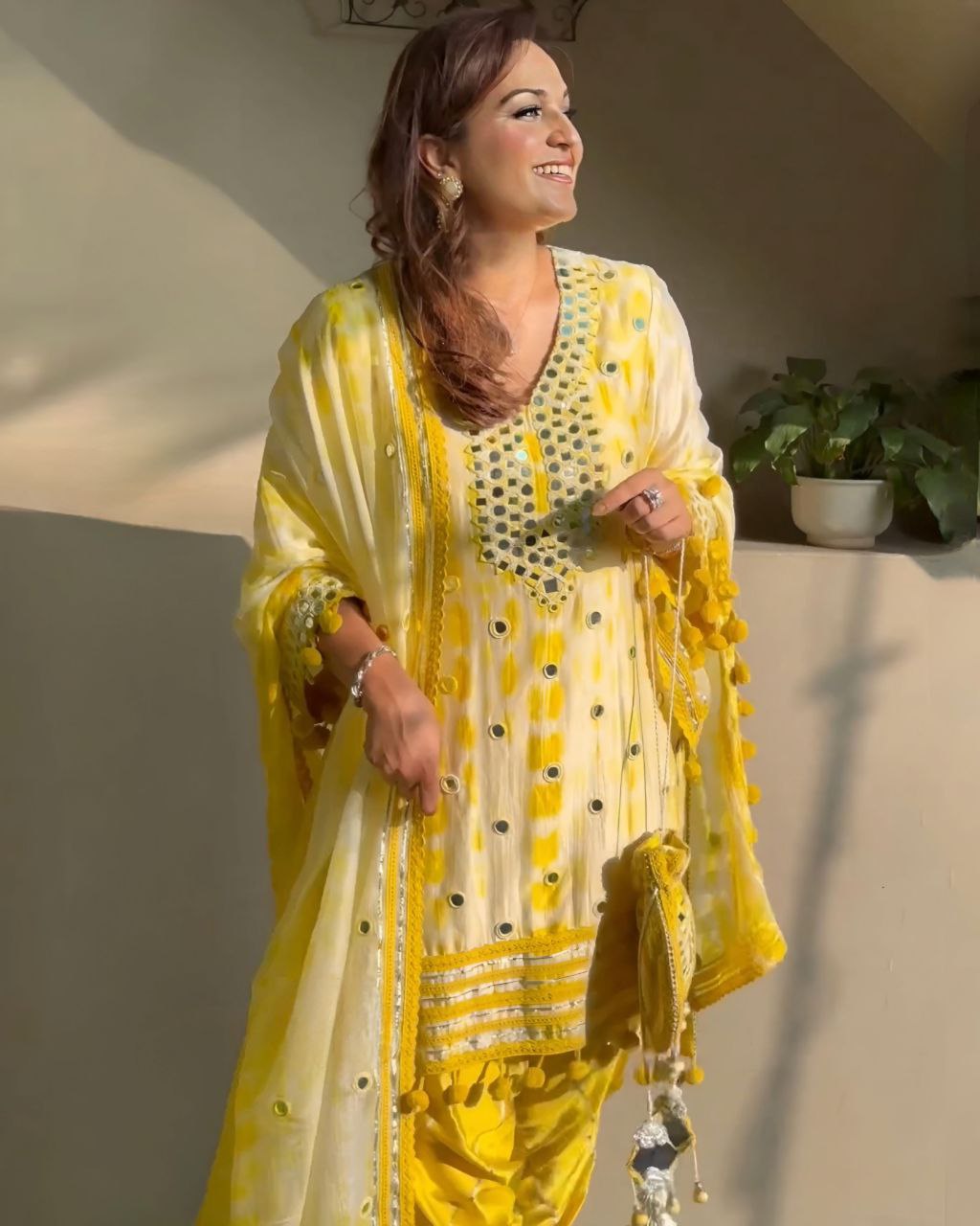 Ready To Wear Yellow French Crape Paper Mirror Work Dhoti Salwar Suit With Dupatta