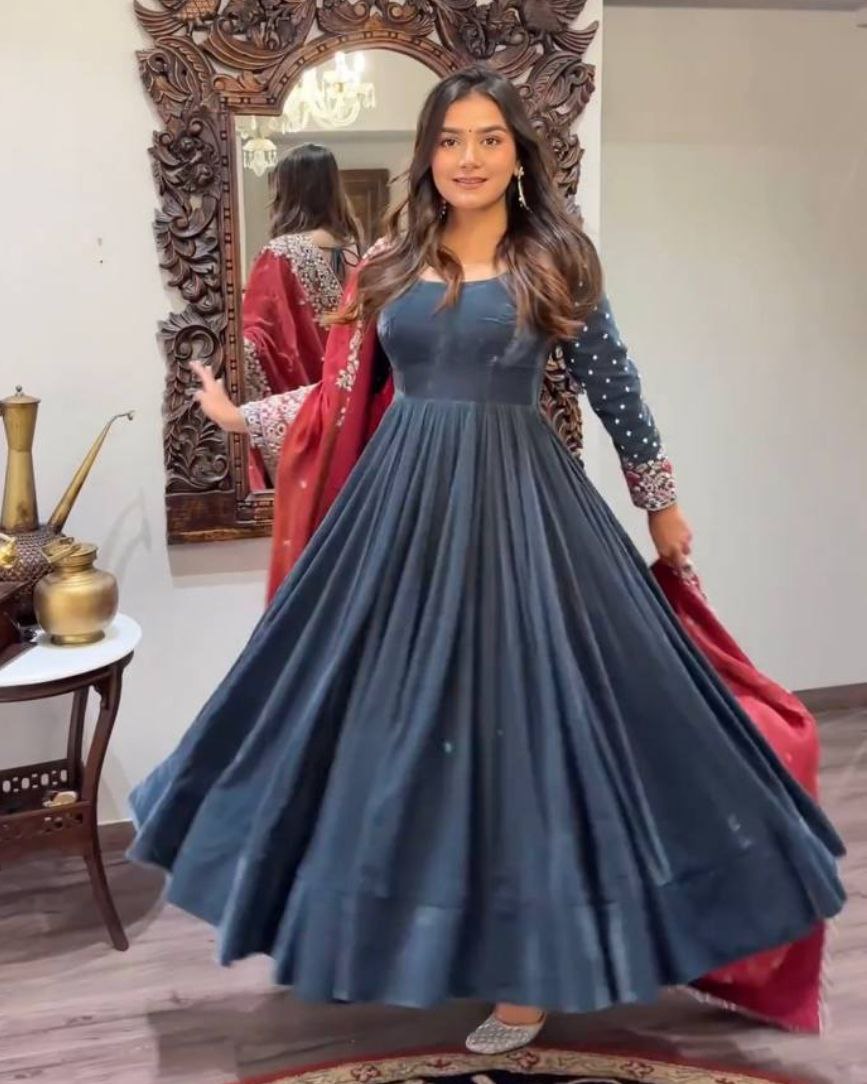 Ready To Wear Grey Blue Micro Velvet Embroidery Work Anarkali Gown With Dupatta