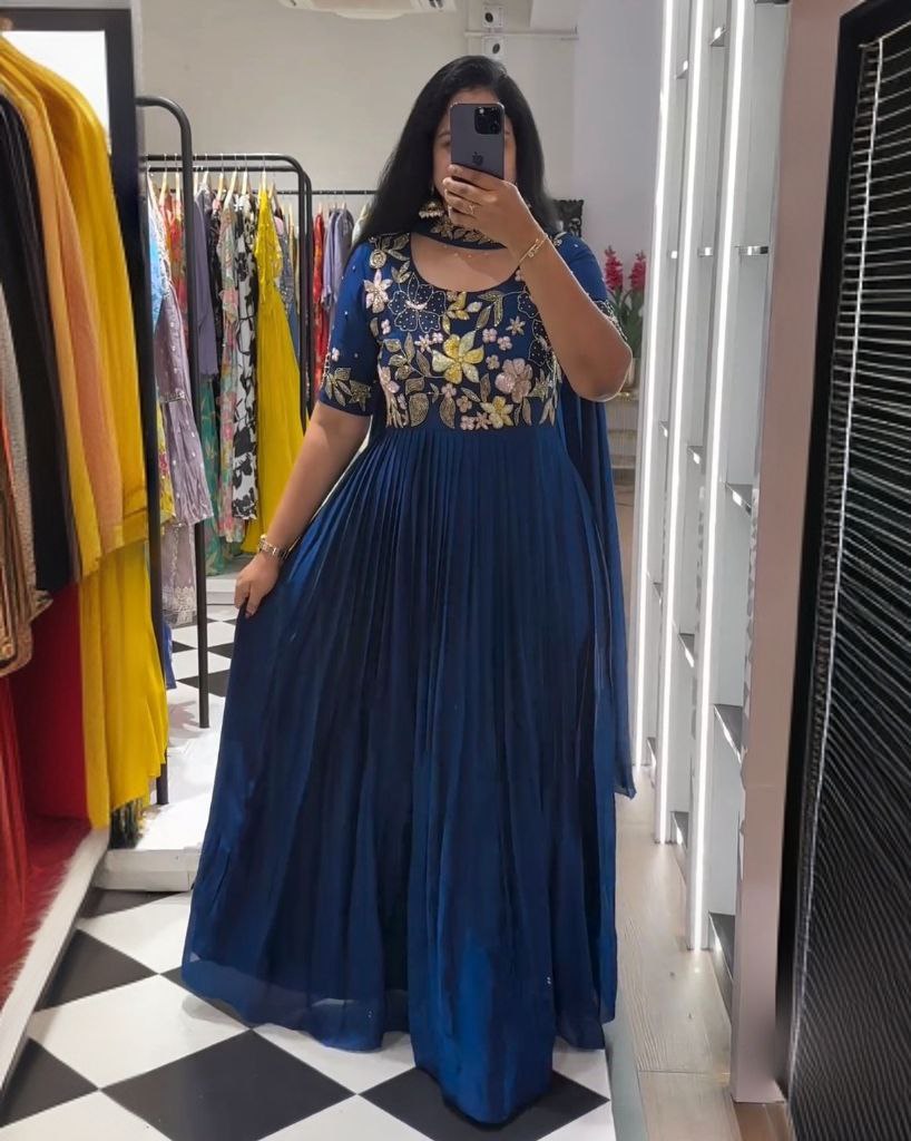 Ready To Wear Blue Pure Georgette Embroidery Work Anarkali Gown With Dupatta