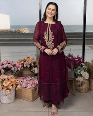 Ready To Wear Wine Pure Georgette Embroidery Work Pakistani Suit With Dupatta