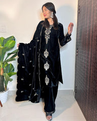 Ready To Wear Black Micro Velvet Embroidery Work Pakistani Suit With Dupatta