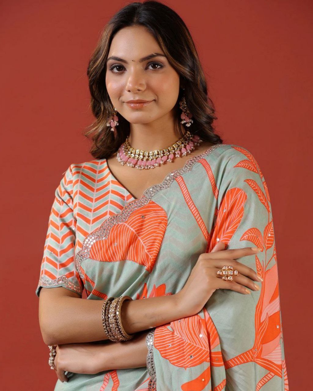 Designer Orange-Grey Vichitra Silk Floral Printed Saree With Blouse