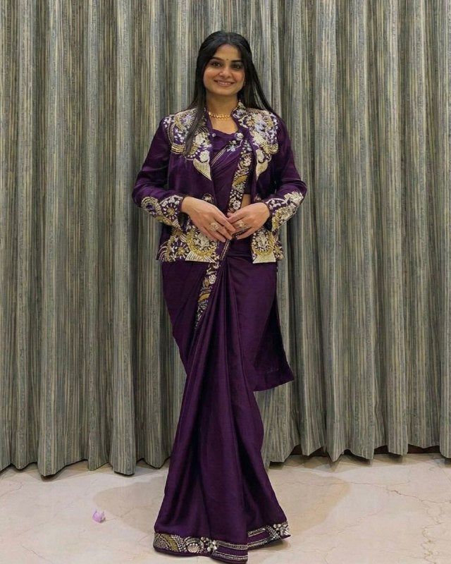 Ready To Wear Purple Midnight Blue Black French Crep Silk Saree Blouse With Koti