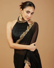 Designer Black Pure Georgette Embroidery Work Saree With Blouse