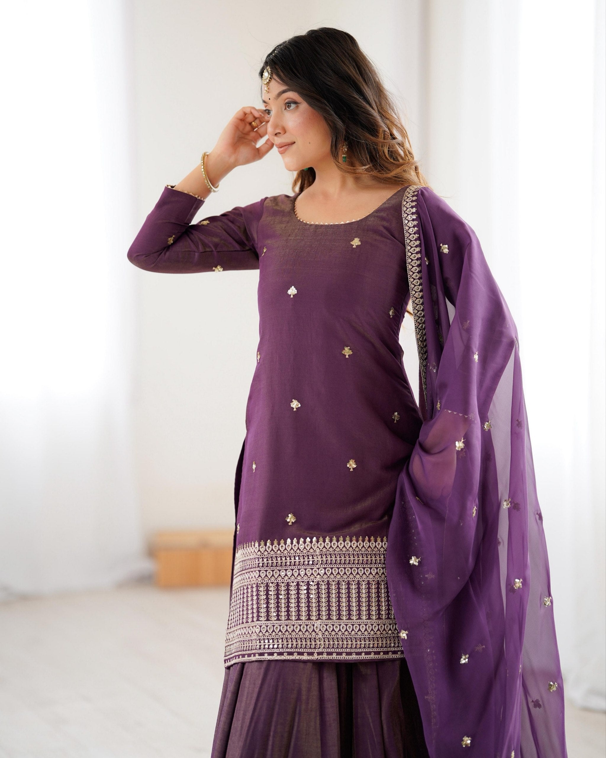 Ready To Wear Purple Pure Roman Shimmer Chanderi Silk Lehenga Kurti With Dupatta