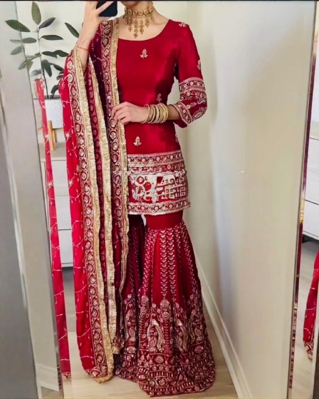 Ready To Wear Red Chinon Silk Sharara Kurti With Dupatta