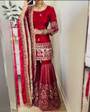 Ready To Wear Red Chinon Silk Sharara Kurti With Dupatta