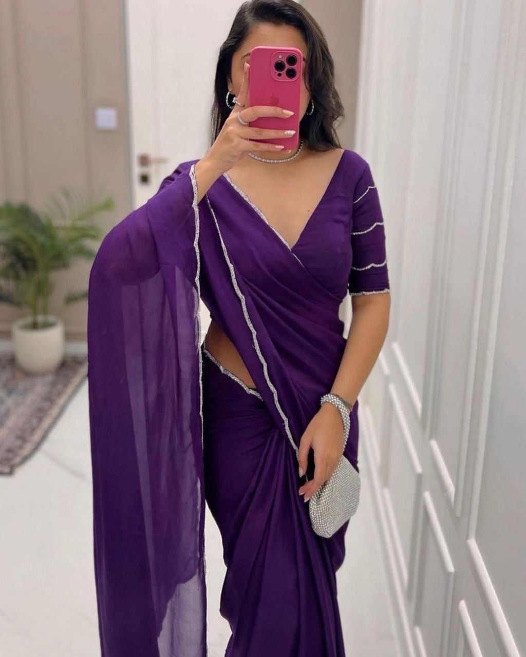 Designer Purple Faux Georgette Lace Border Work Saree With Blouse