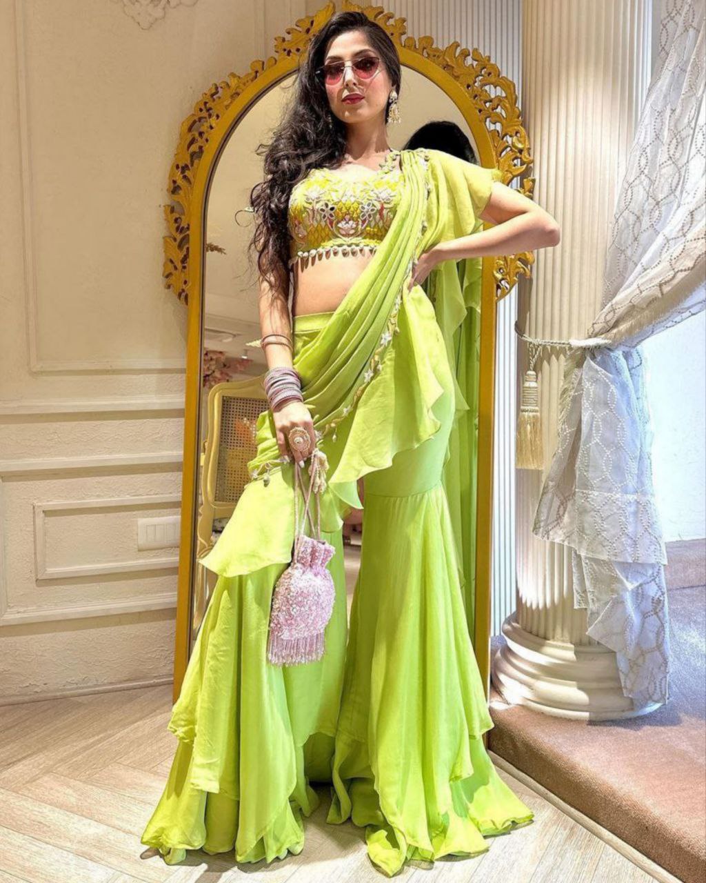 Designer Parrot Green Pure Georgette Embroidery Work Plazzo Saree With Blouse