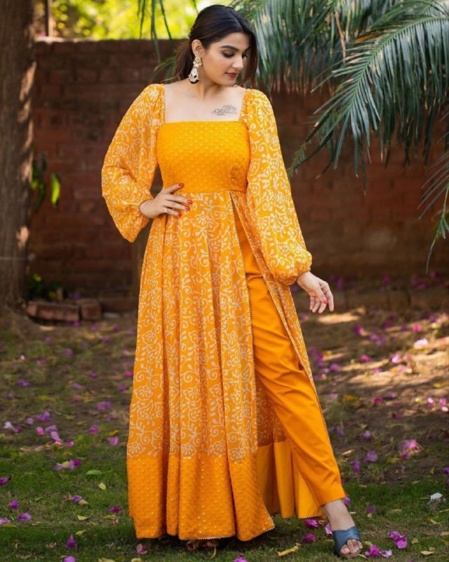 Designer Mustard Faux Georgette Digital Print Work Gown