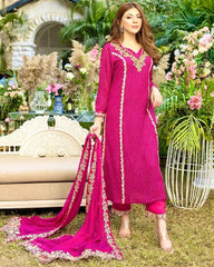 Ready To Wear Hot Pink Faux Georgette Embroidery Work Pakistani Suit With Dupatta