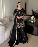 Ready To Wear Black Maslin Cotton Embroidery Sharara Kurti With Dupatta