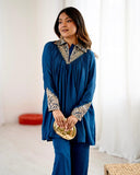 Ready To Wear Teal Blue Chinon Silk Embroidery Plazzo Frock With Dupatta