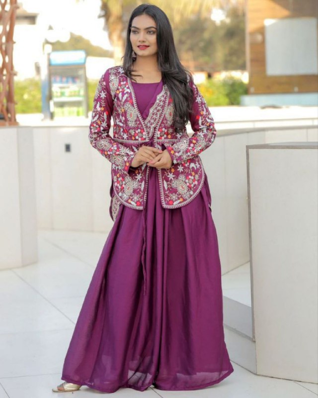 Designer Wine Premium Silk Embroidery Work Gown With Drapped Dupatta And Koti