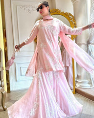 Designer Baby Pink Pure Georgette Embroidery Work Sharara Suit With Dupatta