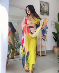 Ready To Wear Chinon Silk Sequence Work Lime Pant Suit With Multi Dupatta