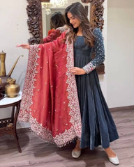 Ready To Wear Grey Blue Micro Velvet Embroidery Work Anarkali Gown With Dupatta