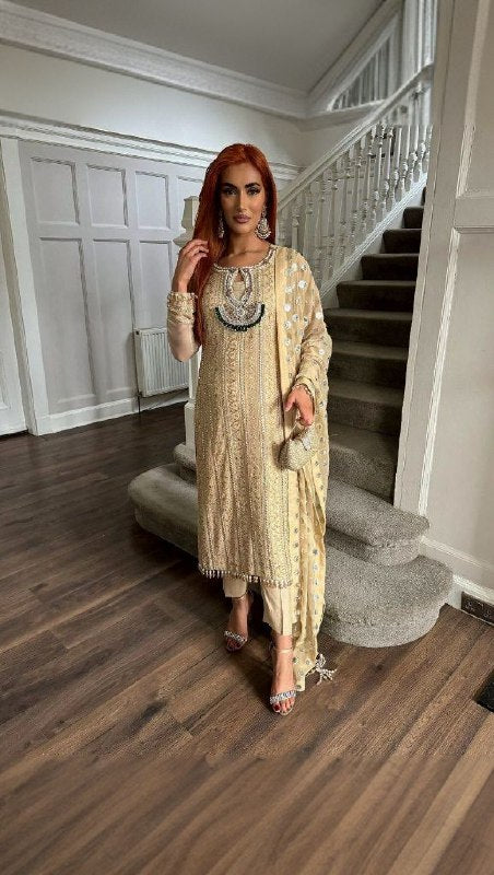 Ready To Wear Cream Pure Georgette Embroidery Work Pakistani Suit With Dupatta