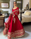 Ready To Wear Crimson Red Chinon Silk Embroidery Gown Pant With Dupatta