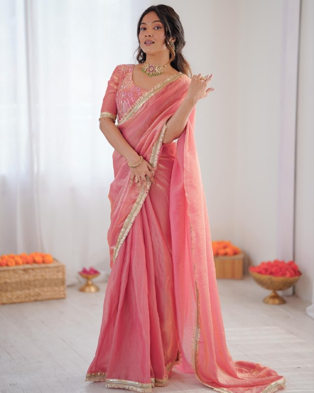 Premium Ready To Wear Peach Grey Simmer Silk Saree With Blouse