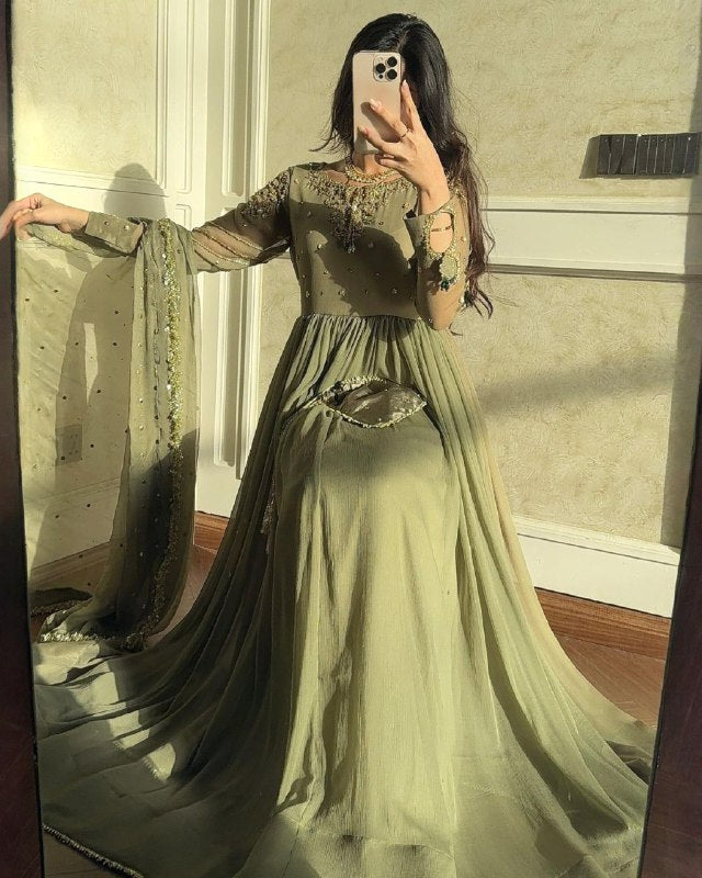 Exclusive Green Soft Georgette Embroidery Gown Pant With Dupatta