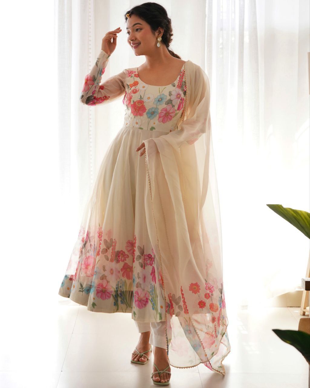 Ready To Wear Cream Organza Silk Floral Print Work Anarkali Suit With Dupatta