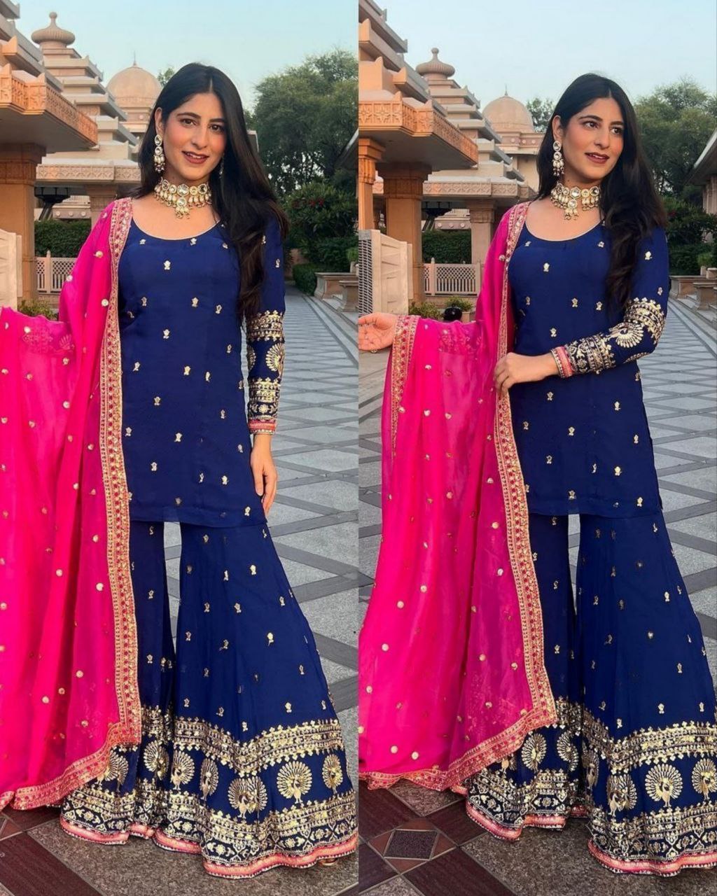 Ready To Wear Neavy Blue Faux Georgette Embroidery Work Sharara Suit With Dupatta