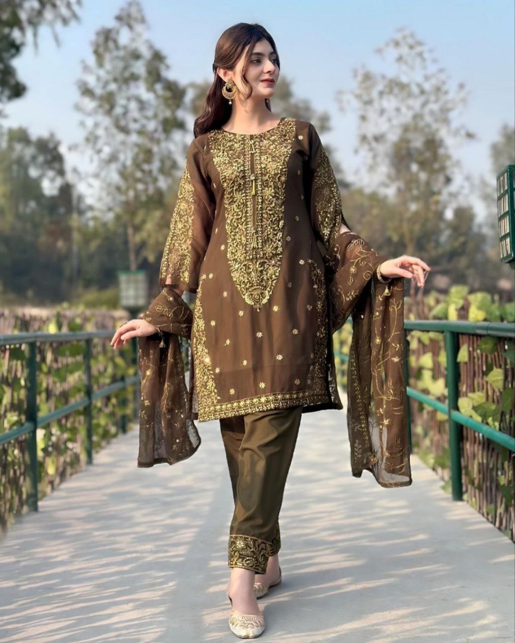 Ready To Wear Brown Pure Georgette Embroidery Work Pakistani Suit With Dupatta